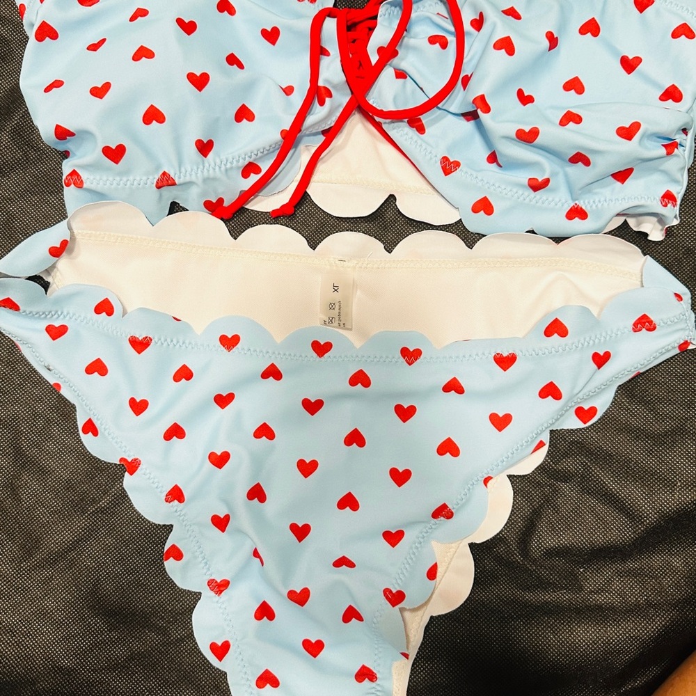 Sky Blue Bikini with Red Heart Pattern